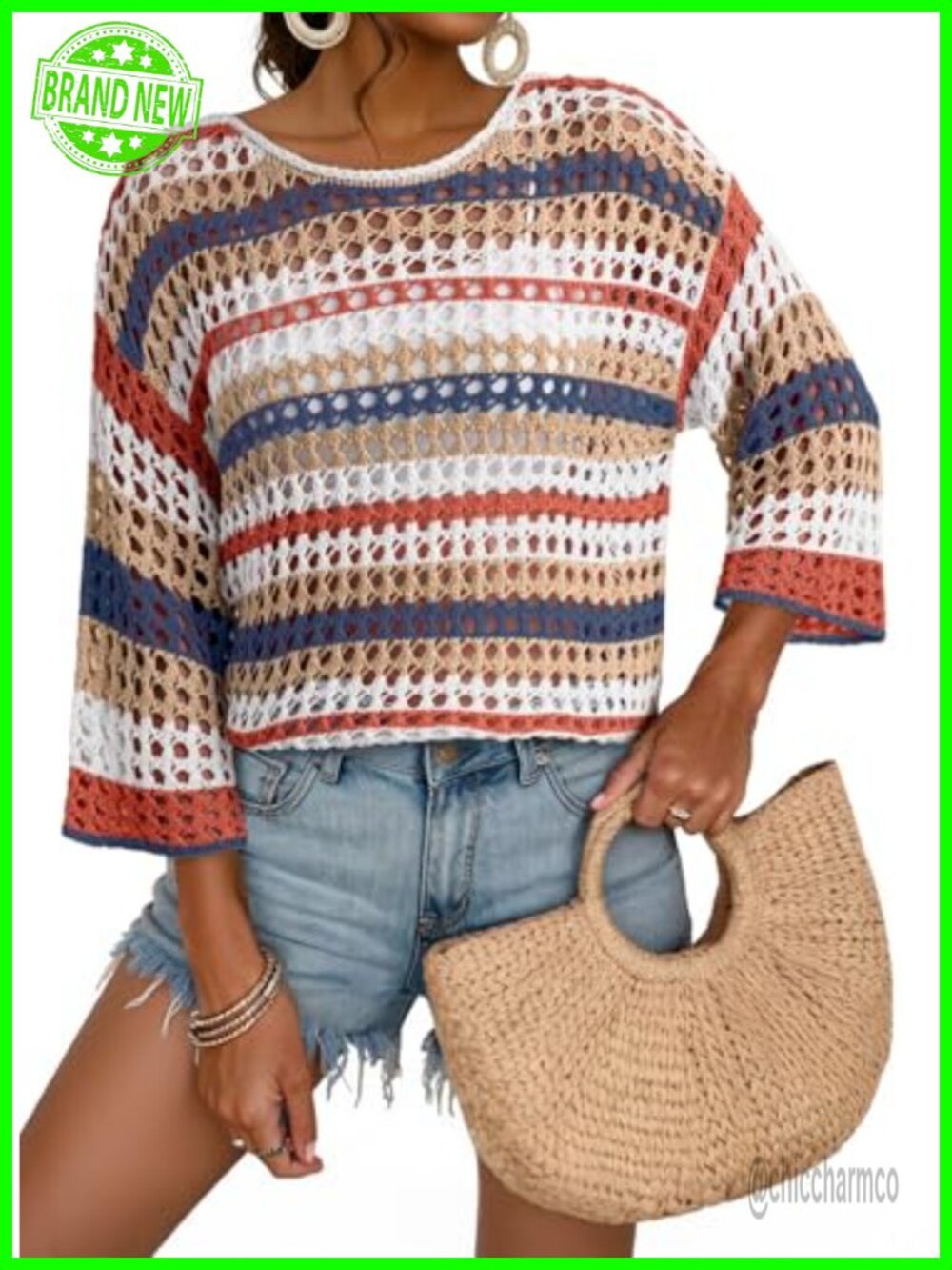 Womens 3/4 Sleeve Crochet Sweater Hollow Out Color Block Striped Pullover